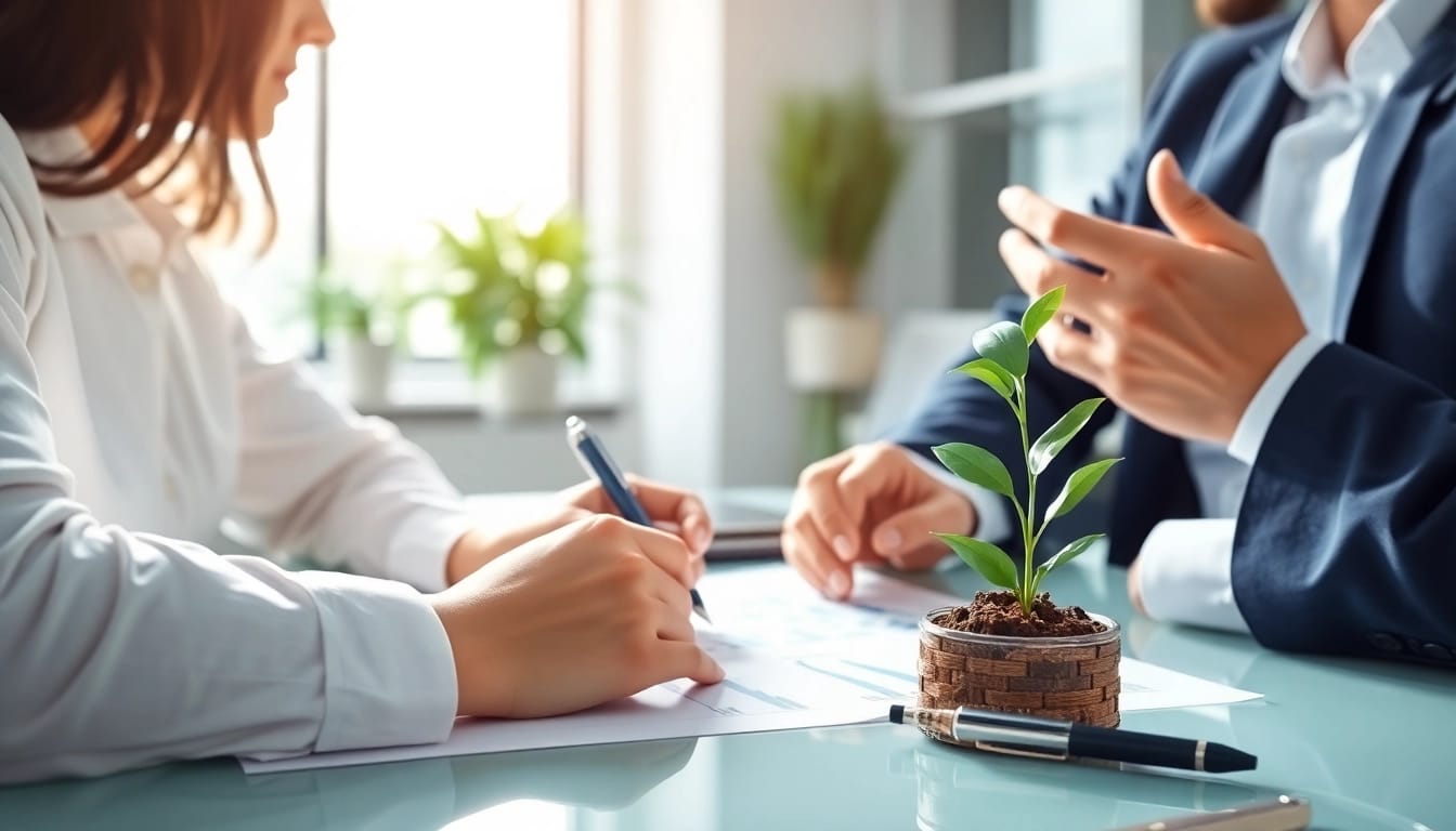 Beratung über Geld von privat mit zwei Personen in einem modernen Büro.
