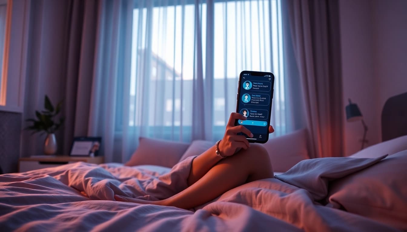 AI sexting conversation in a cozy bedroom setting with a chatbot interface