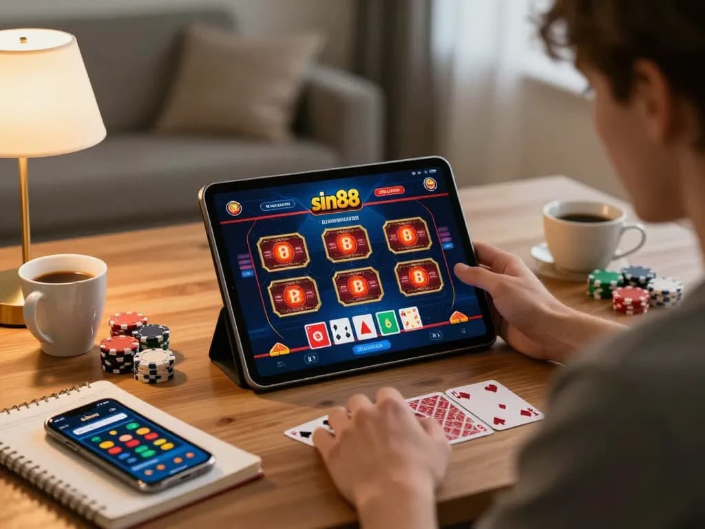 Player engaging with sin88 online casino on tablet at home, cozy environment with betting strategy notes.