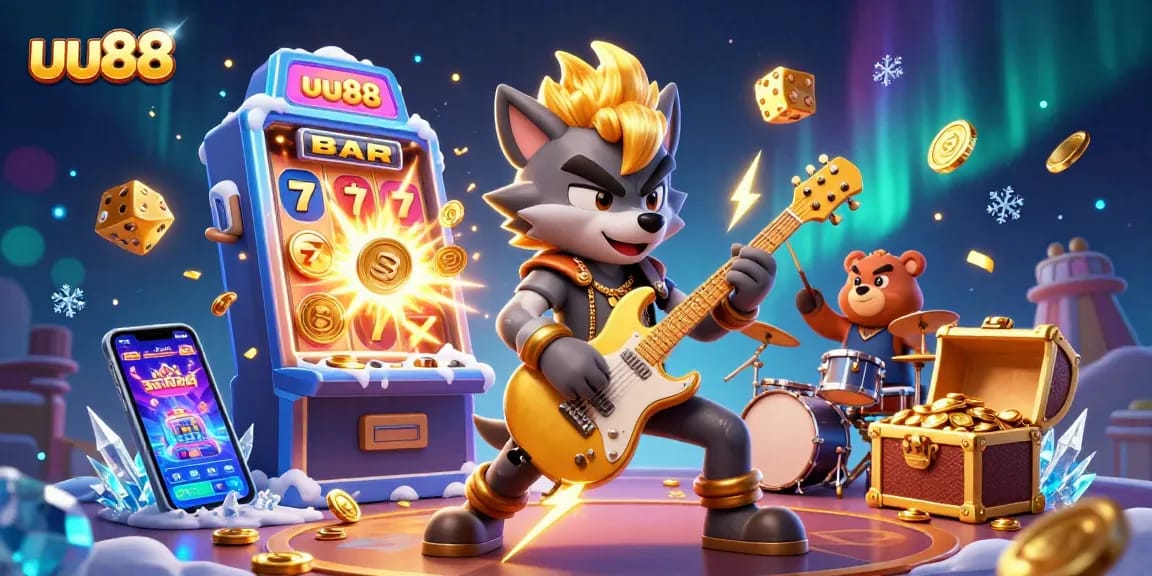 Experience excitement at uu88 with a vibrant casino scene showcasing a rock star wolf and explosive game elements.