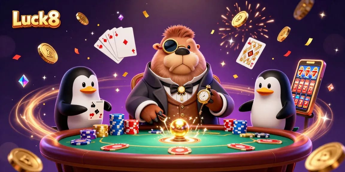 Engage in thrilling gameplay at Luck8's underwater casino, showcasing stylish characters and vibrant game elements.