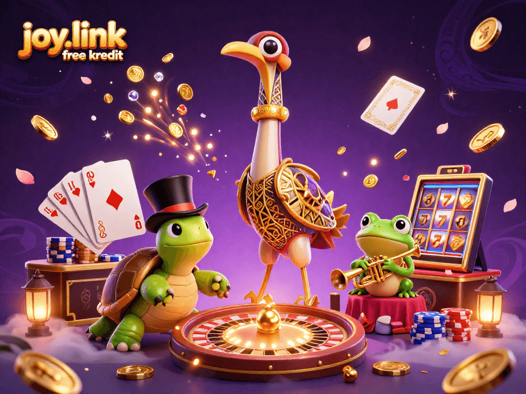Experience thrilling gameplay with joy.link free kredit in an energetic casino scene featuring vibrant characters and gem treasures.