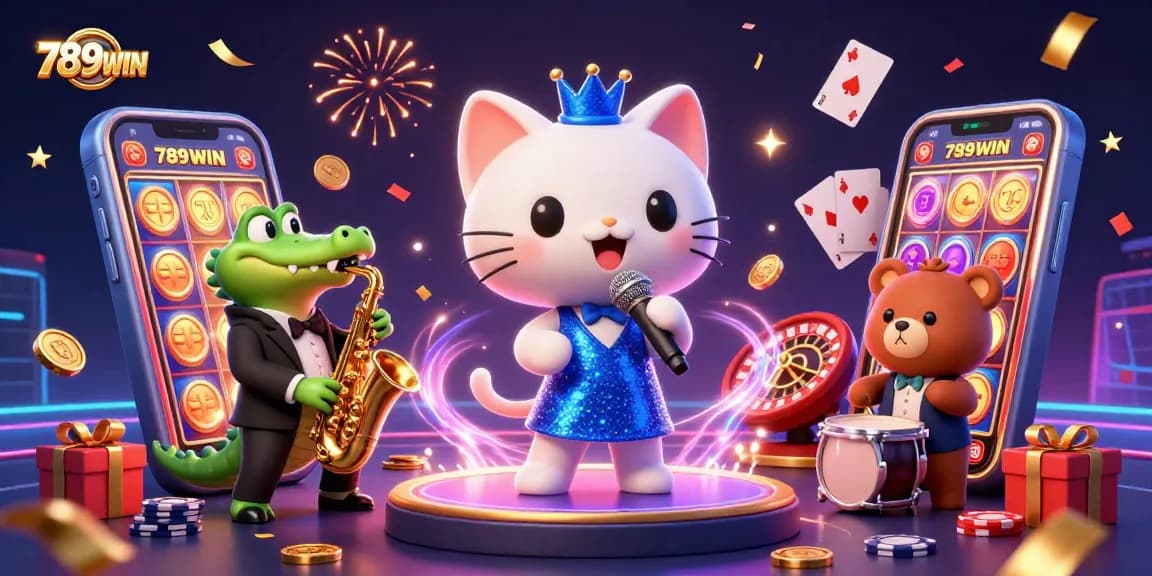 Experience the thrill of 789WIN casino games with jazz-singer cat and vibrant slot elements.