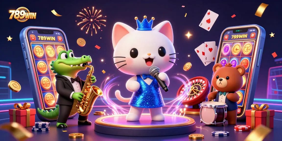 Experience the thrill of 789WIN casino games with jazz-singer cat and vibrant slot elements.