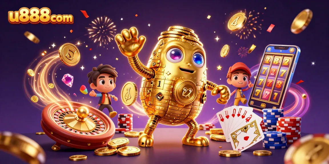 Experience thrilling play at u888com with golden golem, coins, and roulette in vibrant 3D art.