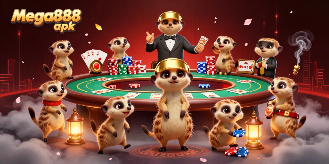 Experience the excitement of mega888 apk with animated meerkats in a vibrant casino scene.