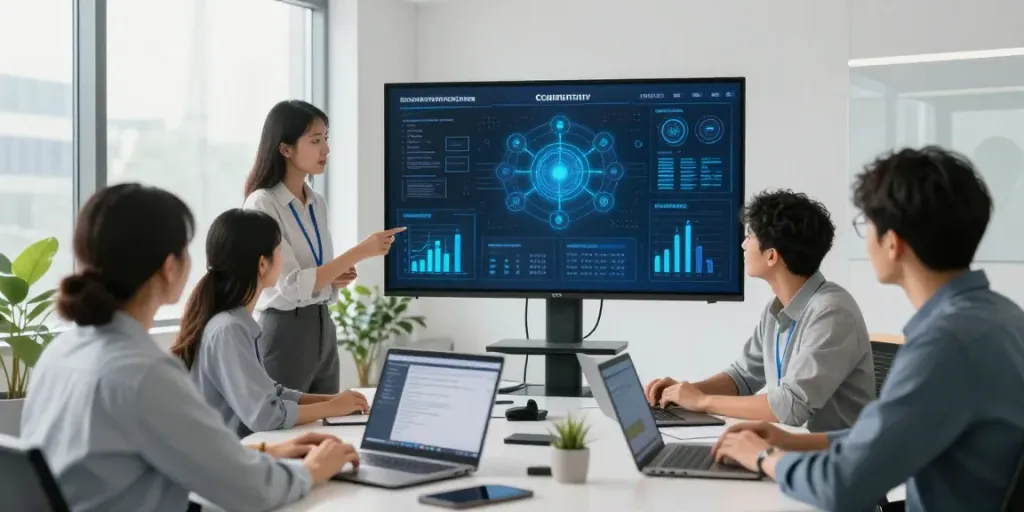 IT Sicherheit für KMU: IT-Sicherheits-Team in modernem Büro arbeitet zusammen an Cybersecurity-Strategien.