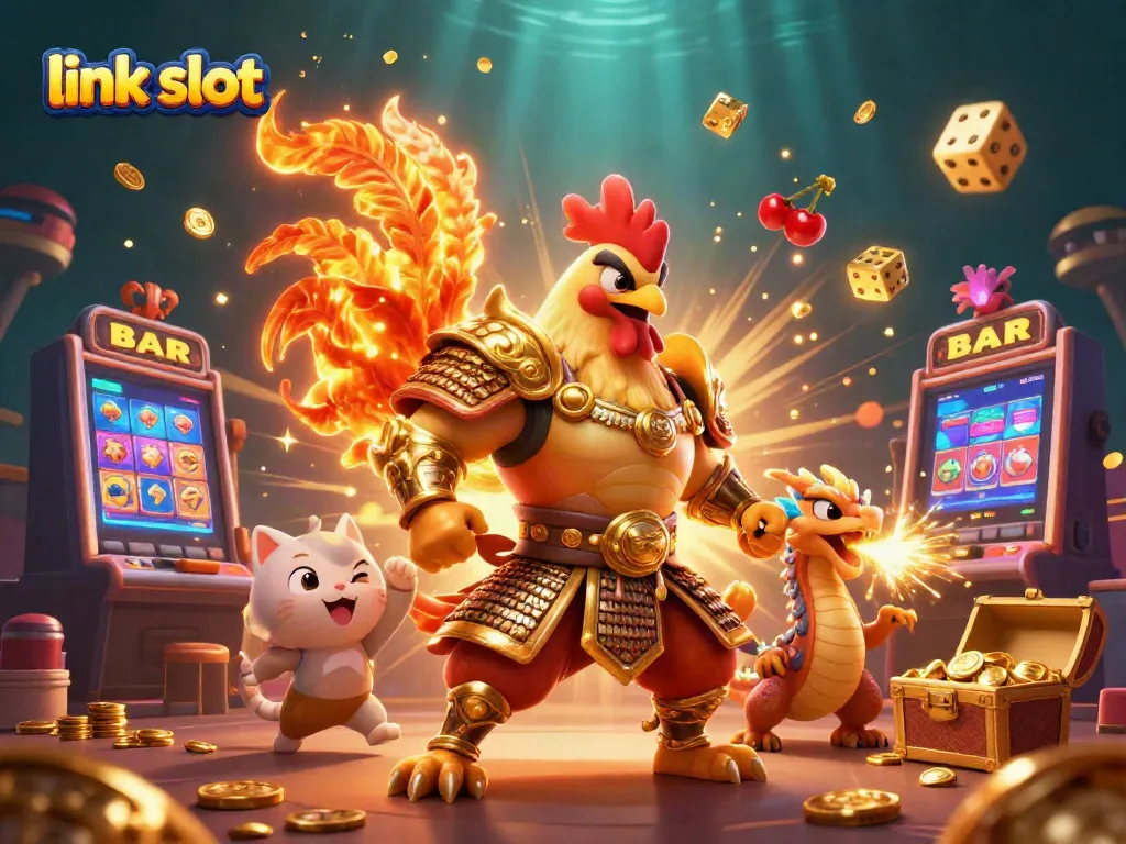 Experience the excitement of link slot with dynamic characters and jackpot scenes in a vibrant illustration.