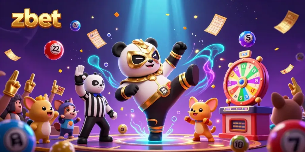 Experience thrilling action at zbet with a dynamic scene featuring an animated panda wrestler and cheering spectators amidst vibrant lottery elements.