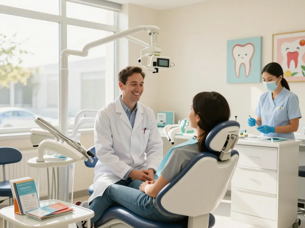 Dental clinic near me with friendly dentist and patient in a bright, modern setting.