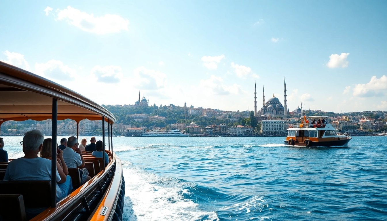 Bosphorus daytime cruise with tourists enjoying the scenic view of Istanbul landmarks.