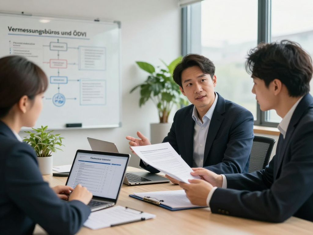 Consultants discussing data protection strategies for Vermessungsbüros und ÖbVI in a modern office setting.