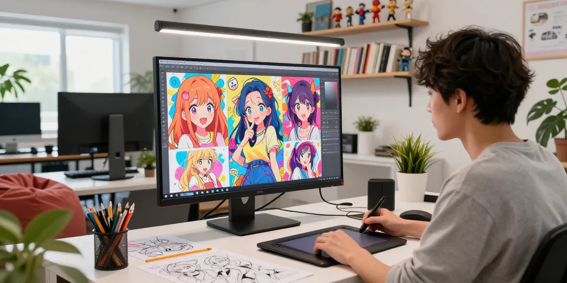 Innovative artist creating mesmerizing ai ecchi illustrations in a modern digital art studio.
