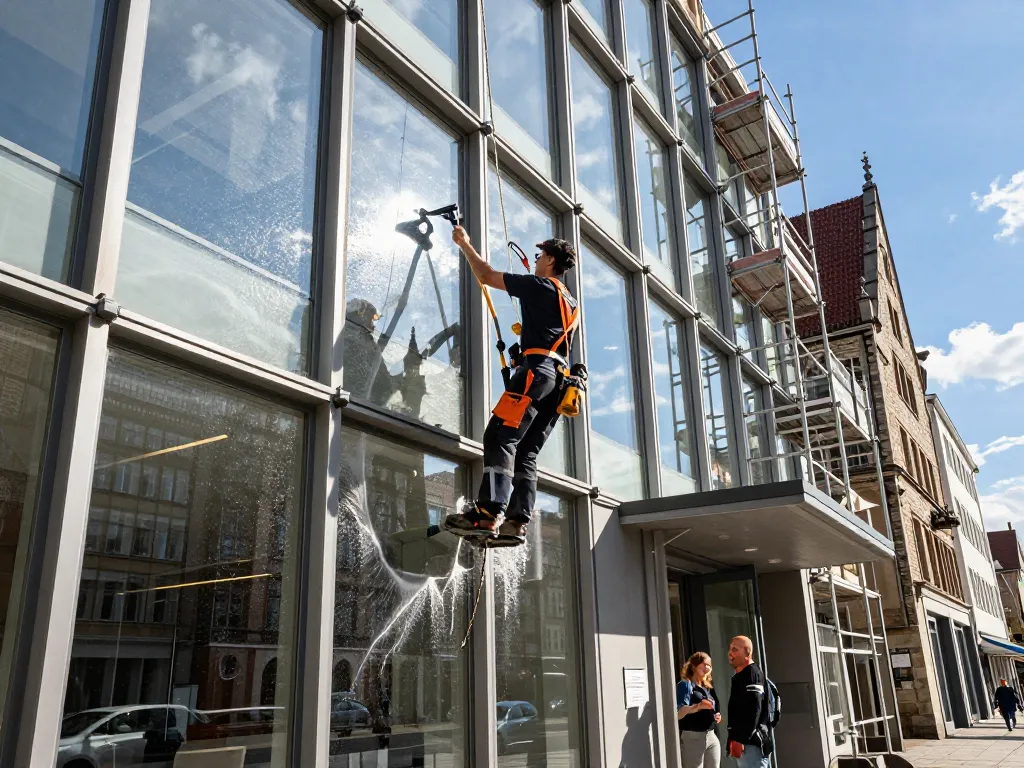 Professioneller Fensterreinigung – Münster & Umgebung Service in Aktion, der einen Reiniger zeigt, der fachmännisch funkelnde Fenster pflegt.