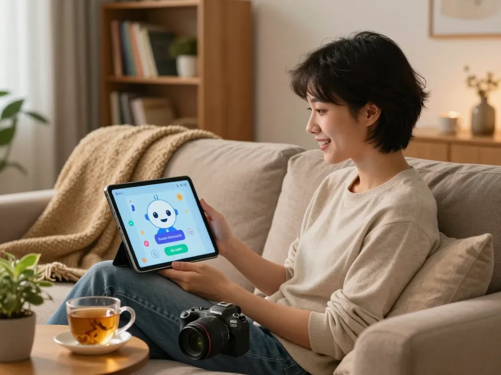 Interactive user enjoying ai sex chat on a tablet in a cozy living room setting, showcasing digital companionship.