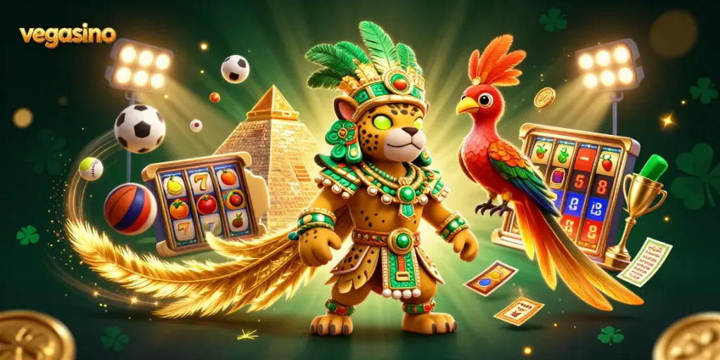 Engage in vibrant vegasino action with a dazzling casino scene featuring Mayan characters and slot elements.