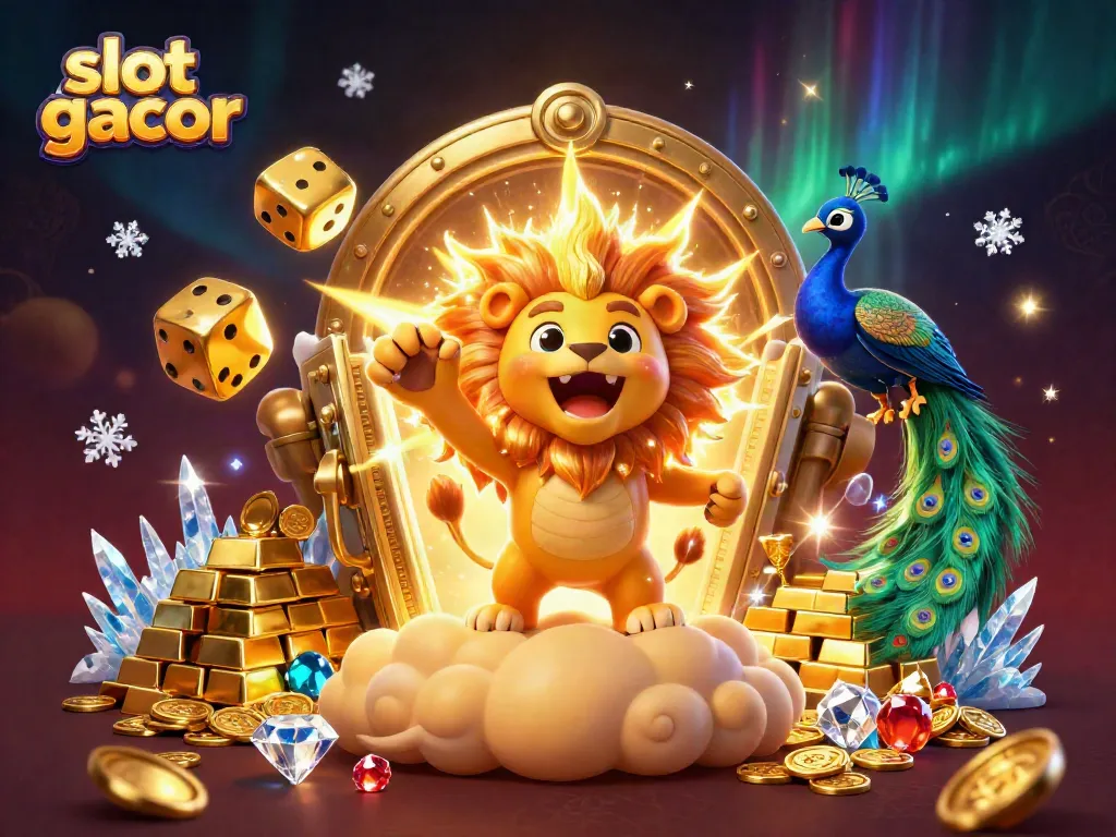 Experience the excitement of slot gacor with a roaring lion, golden dice, and dazzling treasures.