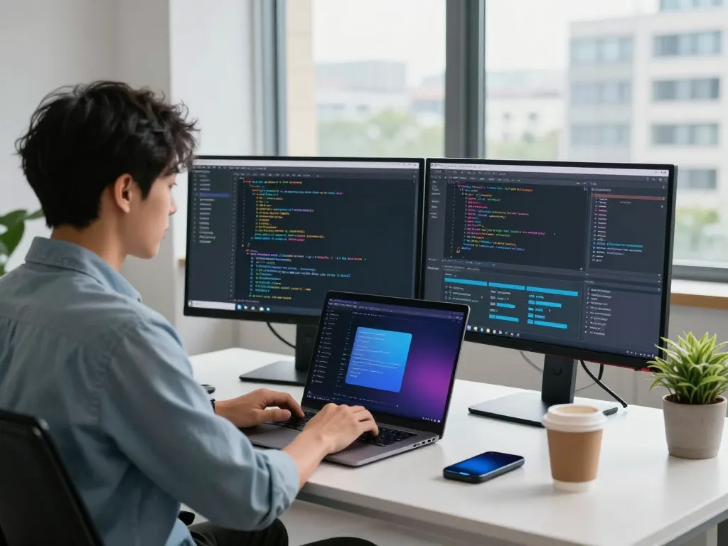 Developer using clawd bot at a modern office workspace with dual monitors and coffee.