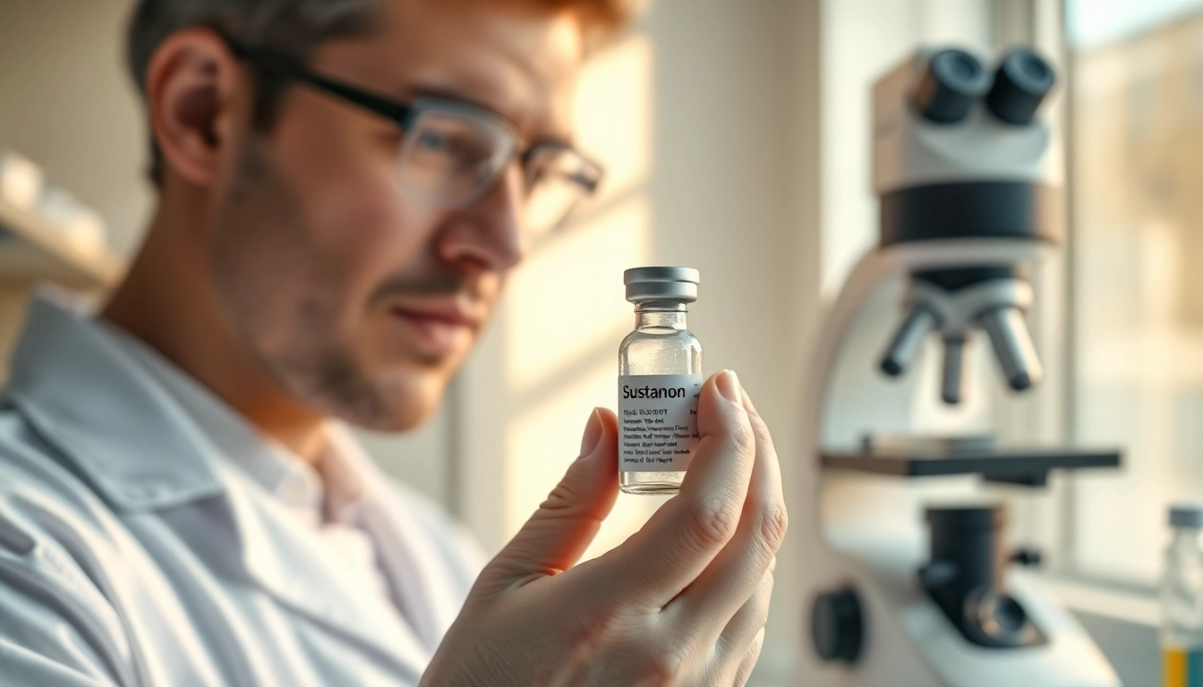 Sustanon kaufen in einer modernen Laborumgebung mit einer Fokussierung auf einen Arzt und einem Sterilisationsprozess.