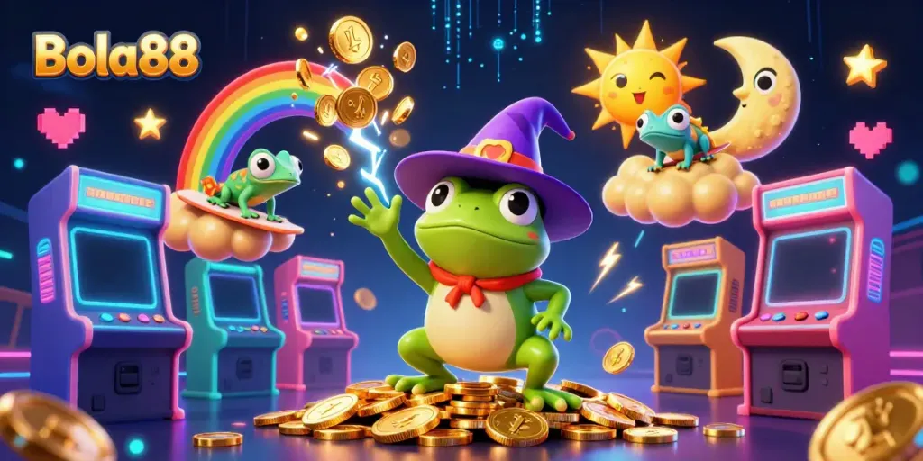 Experience exciting gameplay at Bola88 with a dynamic illustration of a whimsical wizard frog and vibrant chameleon.