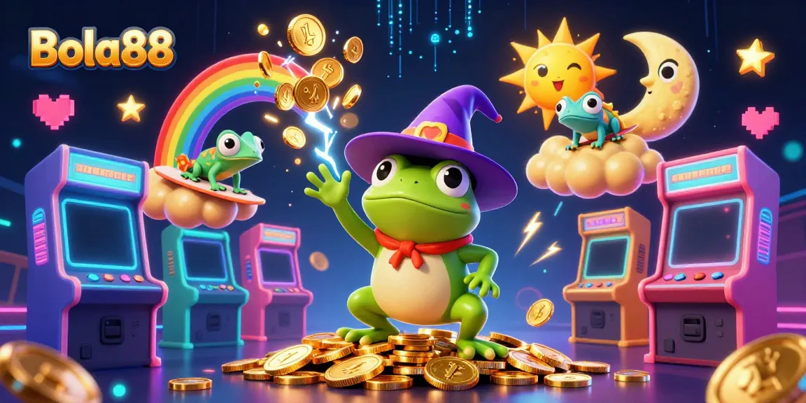 Experience exciting gameplay at Bola88 with a dynamic illustration of a whimsical wizard frog and vibrant chameleon.