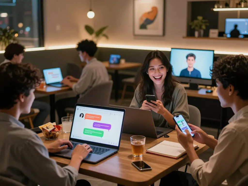 Engaging 18+ AI chats in a modern lounge with diverse users interacting with lifelike avatars, showcasing vibrant digital conversations.
