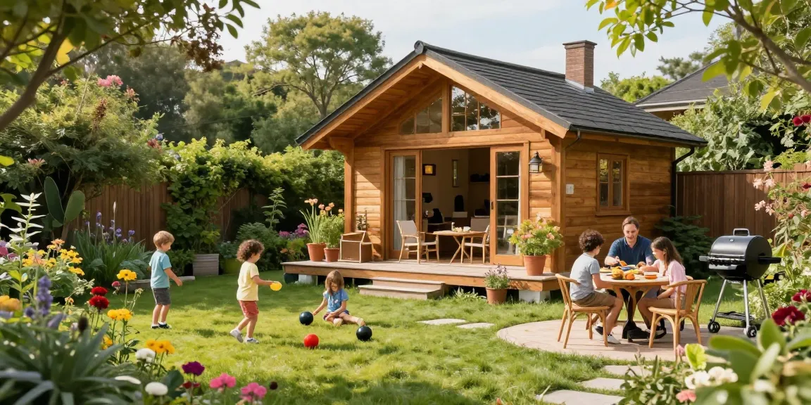 Modernes Garten Haus in einem blühenden Garten, Familie genießt den Außenbereich.
