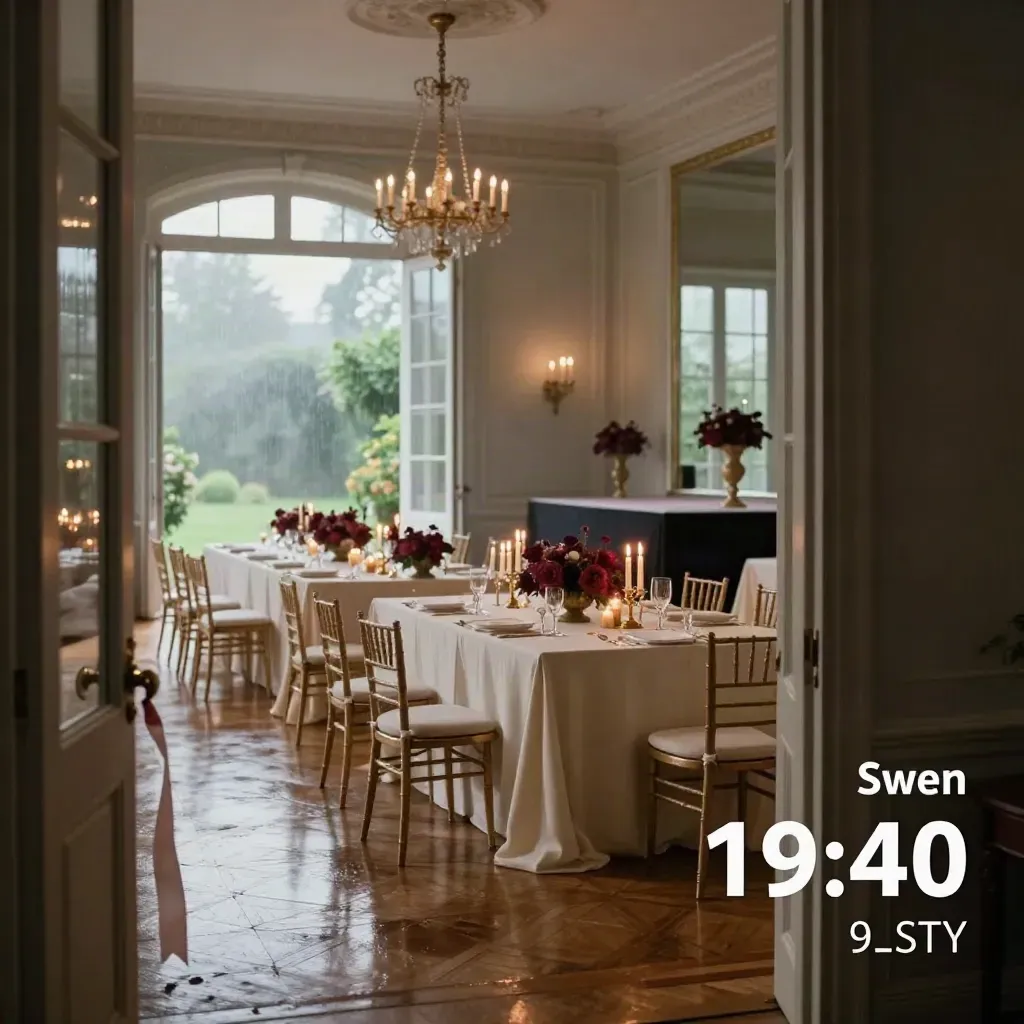Ballsaal von Essen Hall mit gedeckten Tischen, Kerzen und Regenblick auf die Terrasse