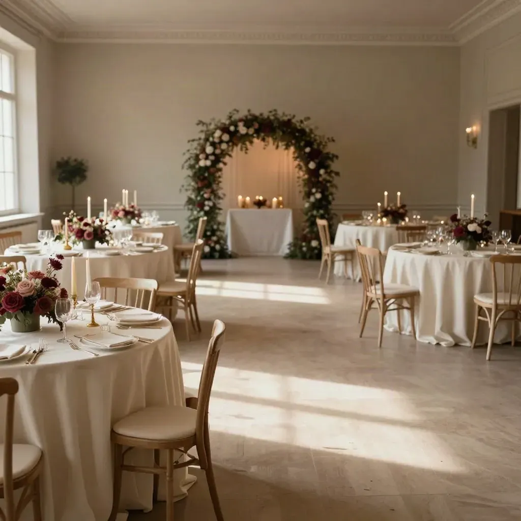 Leerer Hochzeitssaal mit gedeckten Tischen, Kerzenständern und Blumenbogen vor dem Tanzboden.