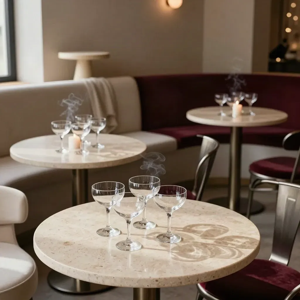 Festlich vorbereiteter Privatsaal mit Gläsern, Tischen, Lounge-Sitzen und Kerzenrauch.