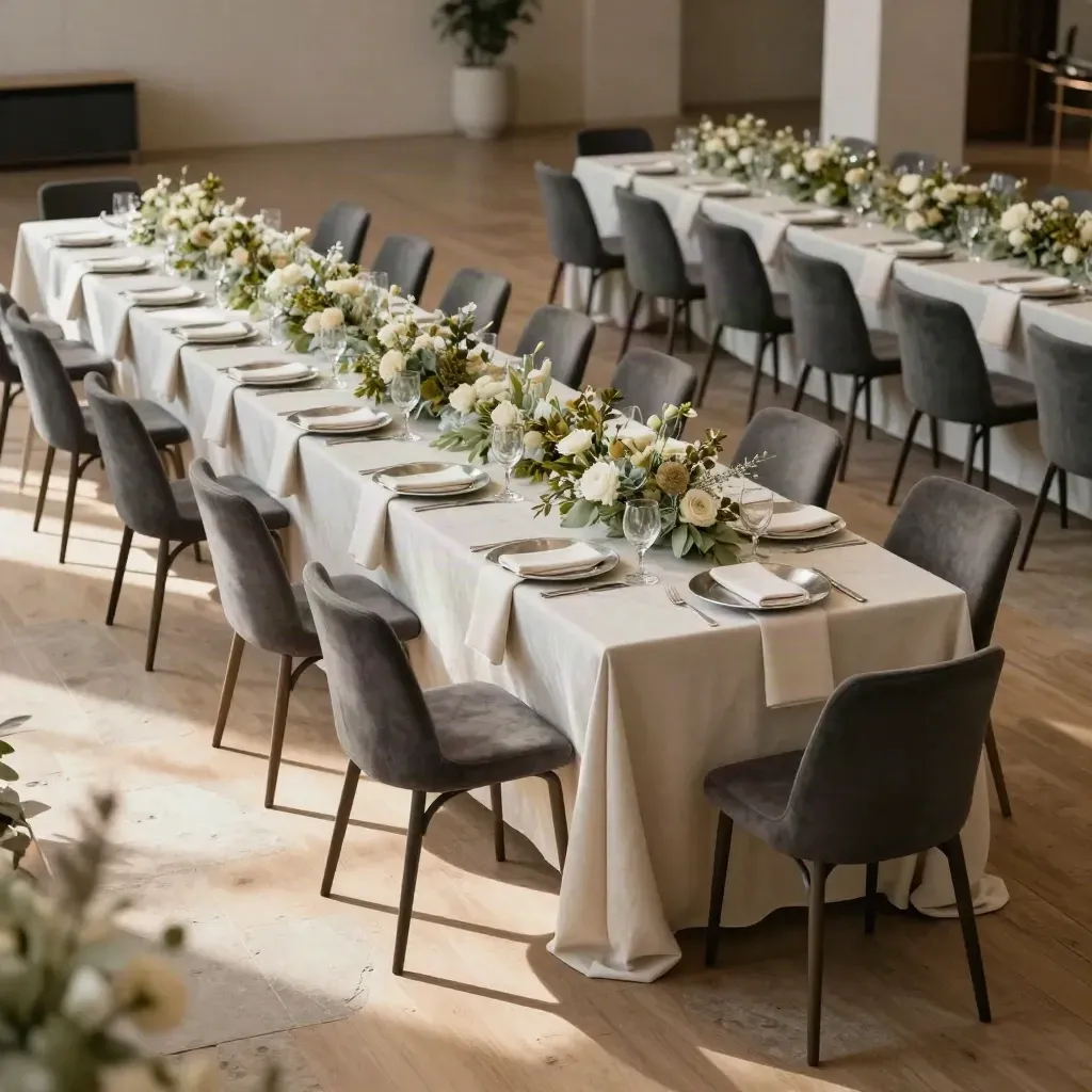 Bankett-Setup im großen Saal mit perfekt ausgerichteten Tischen und dezenten Blumenläufen