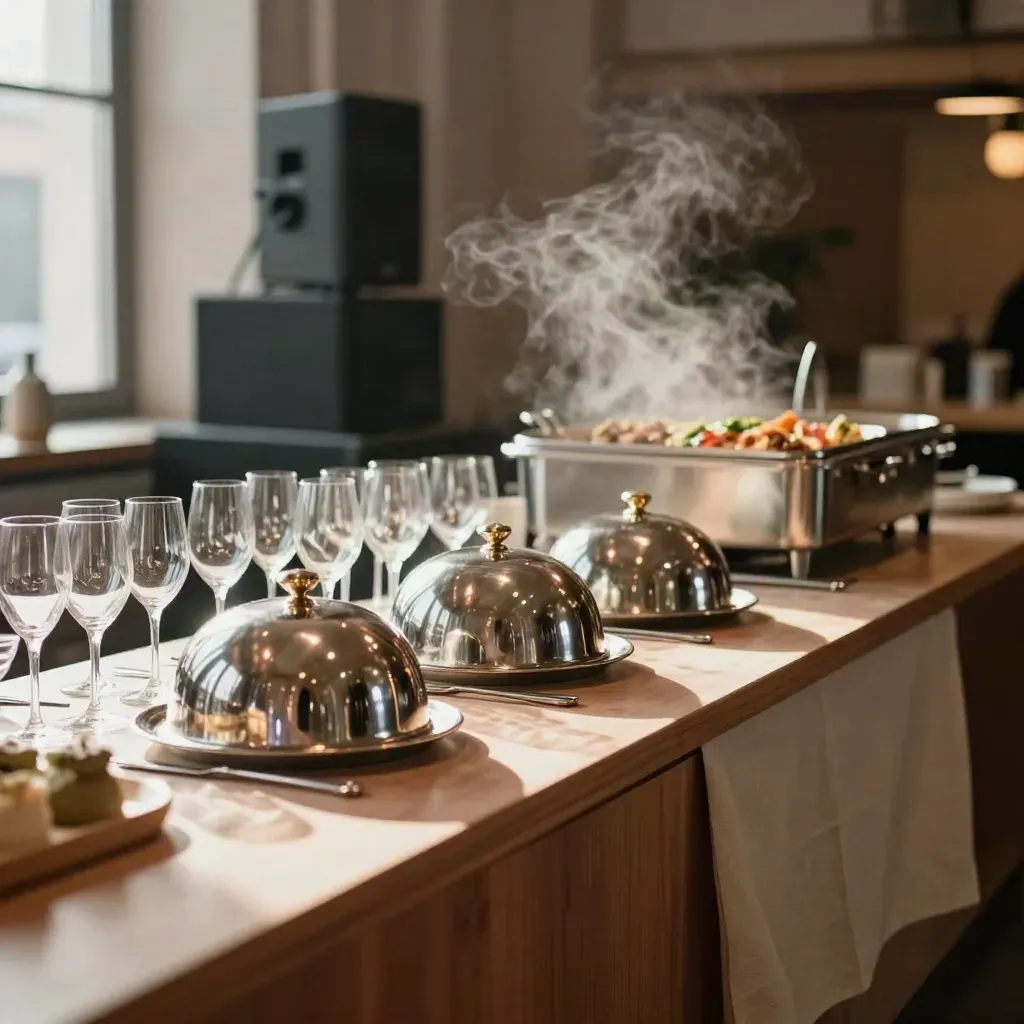 Buffet mit silbernen Warmhaltehauben, Gläsern und Technik bei Essen Hall