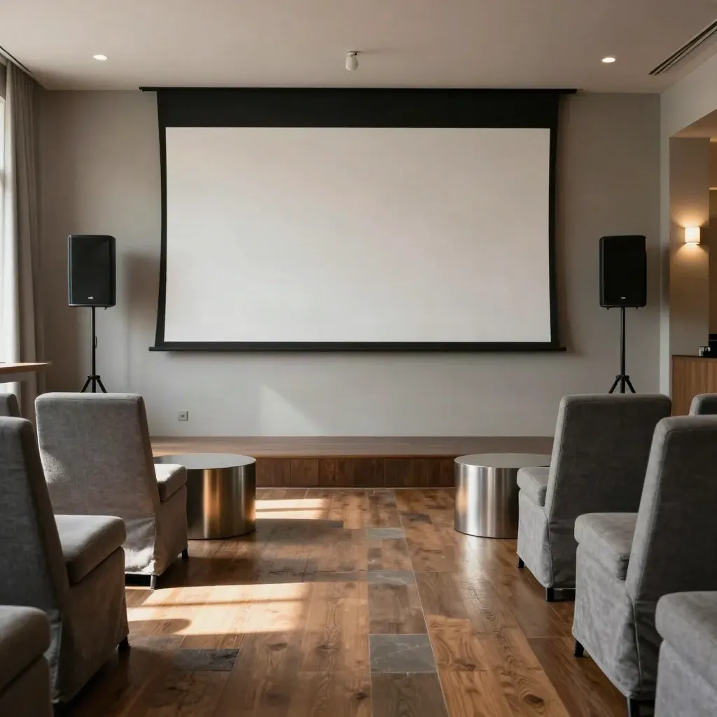 Vorbereiteter Konferenzraum mit Projektionswand, Lautsprechern und Cocktailtischen