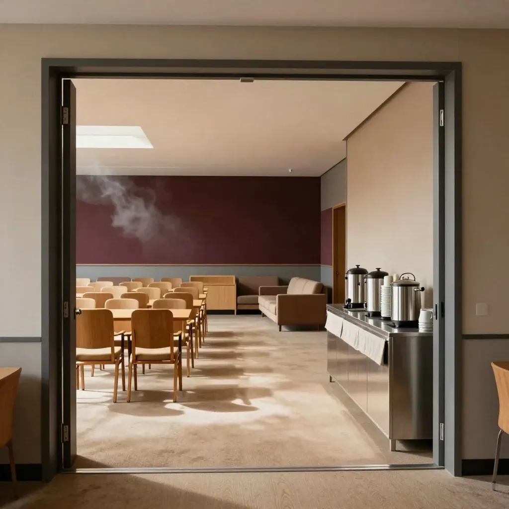 Leere Tagungsräume mit Kaffee-Station und offenen Türen zur Break-Lounge.
