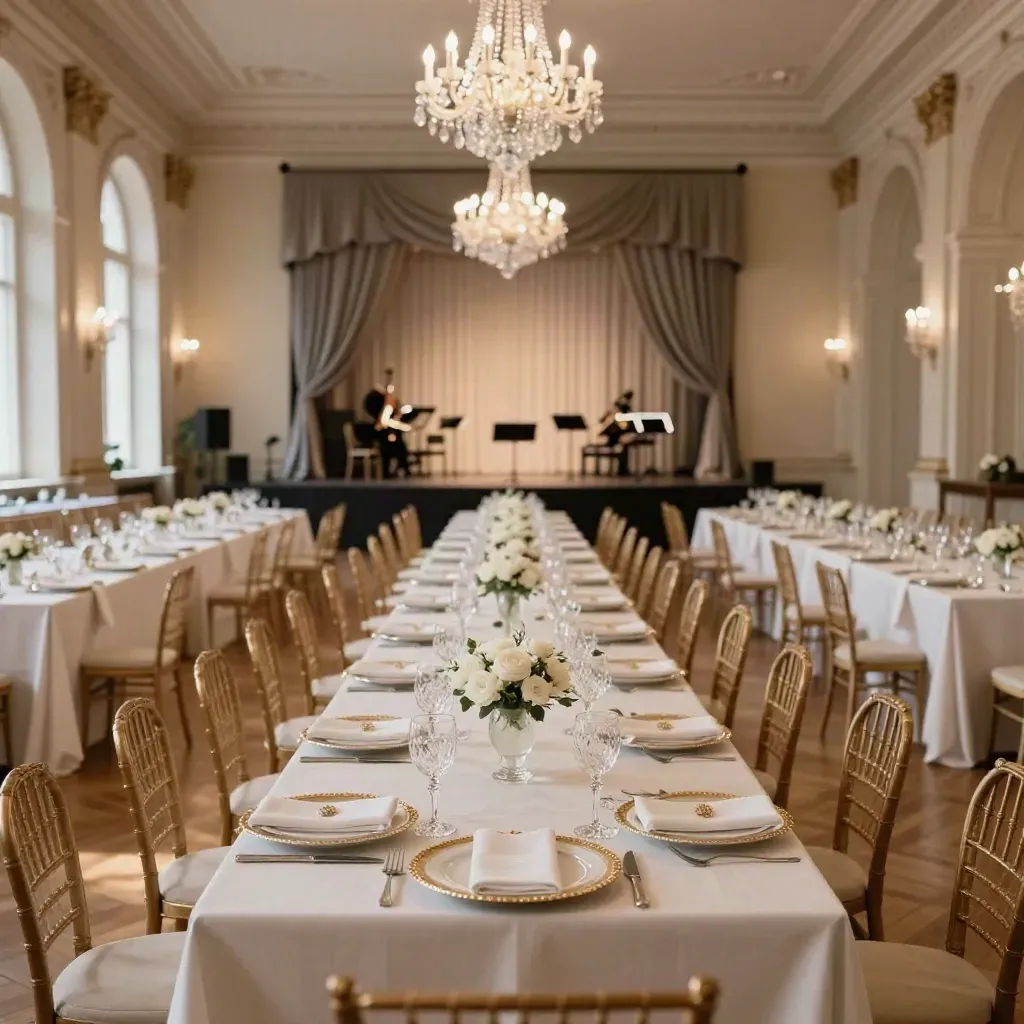 Leerer Gala-Saal mit Bühne, Kronleuchtern und perfekt gedeckten Bankettreihen im warmen Licht.