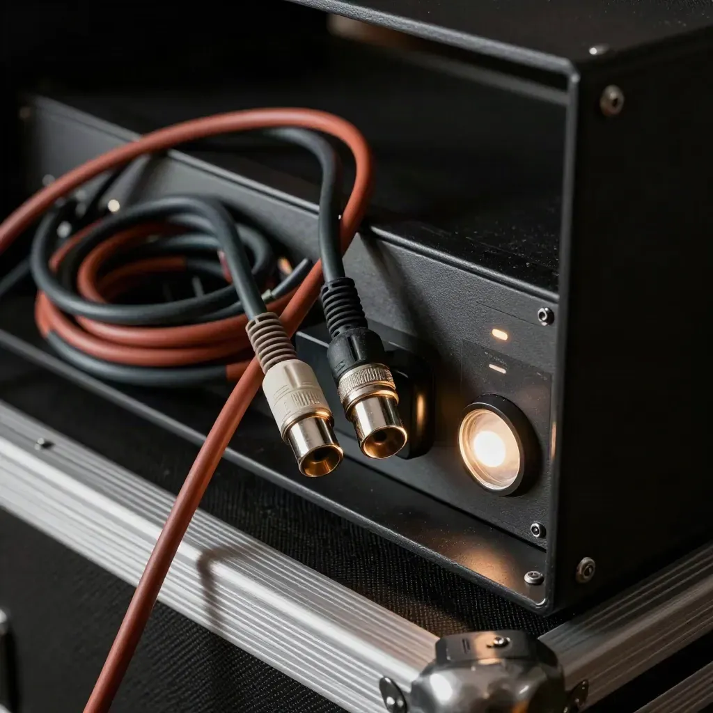 Audio-Rack mit XLR-Kabeln, Funkempfänger, Uplight und Mischpultkante im Standby.
