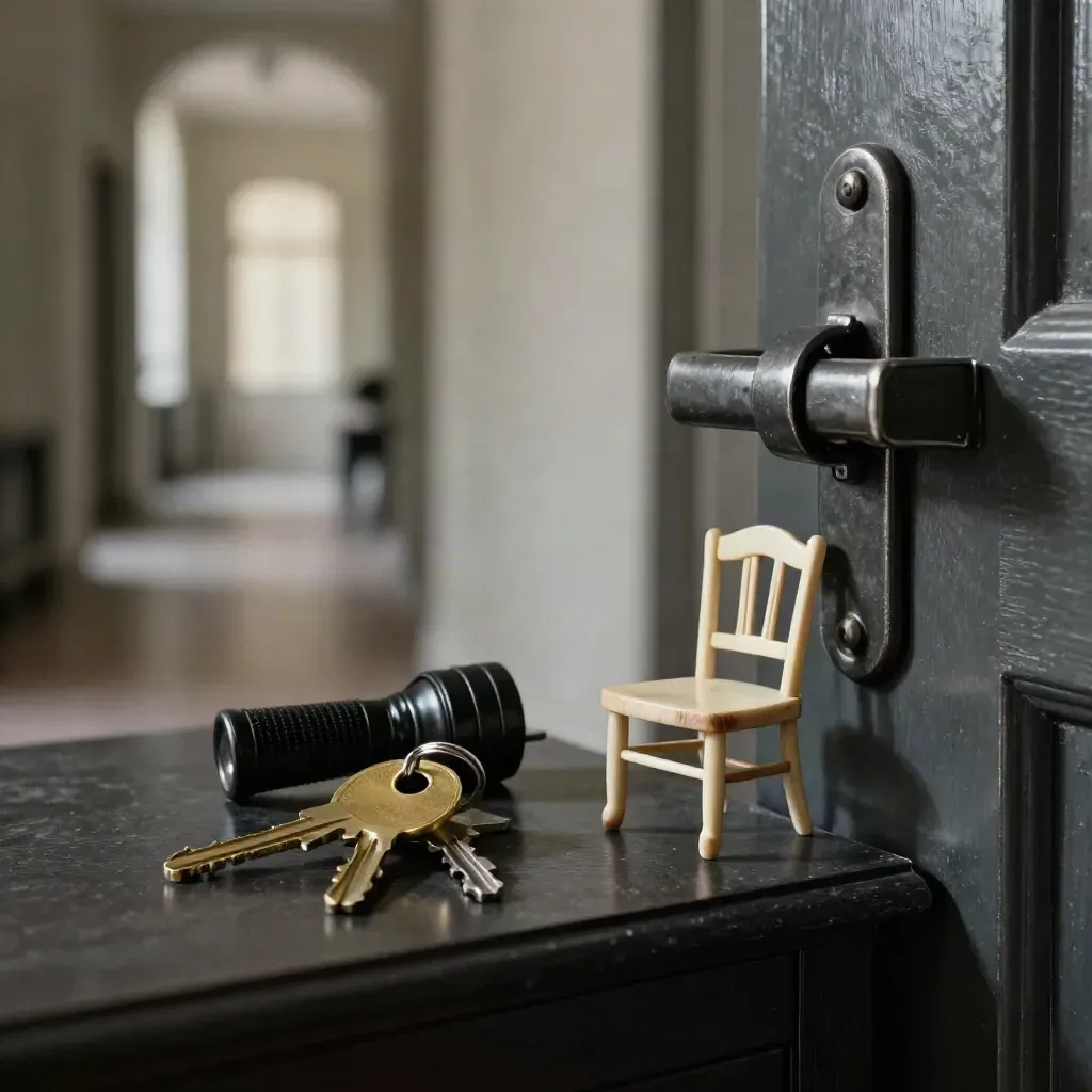Brassschlüssel, Taschenlampe, Türlatch und Mini-Stuhl auf dunklem Sideboard im Hallenflur