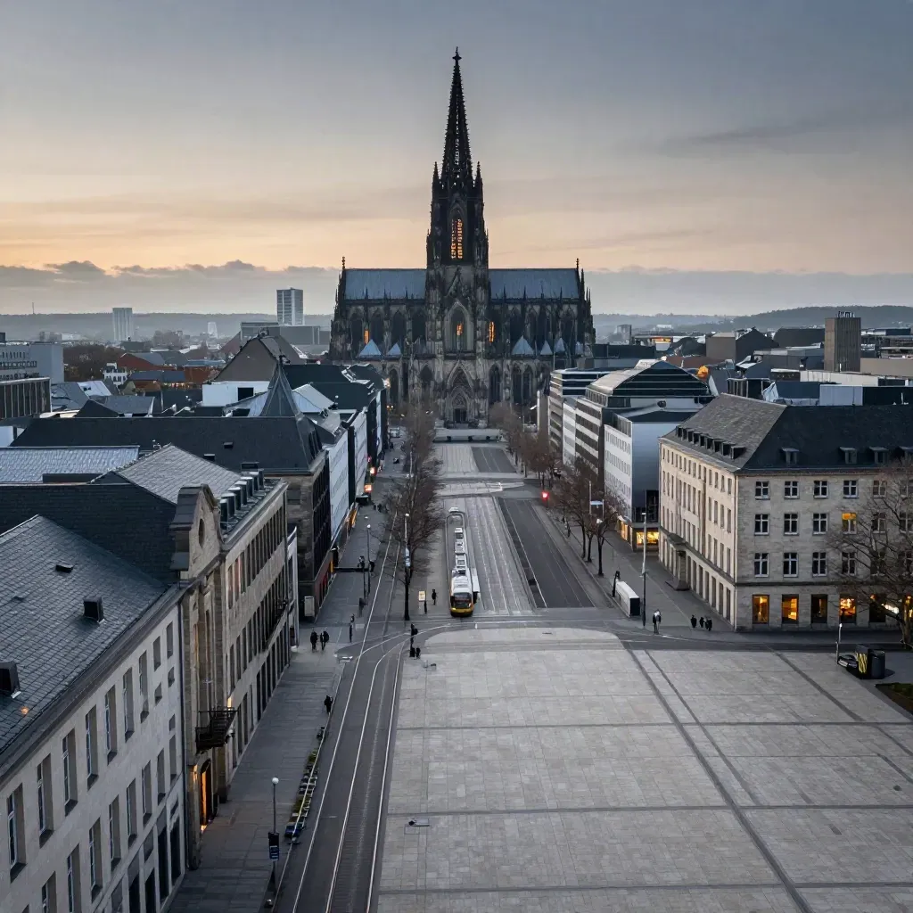 Blick über Essener Innenstadt im Abenddunst mit Domsilhouette und ruhiger Platzfläche.