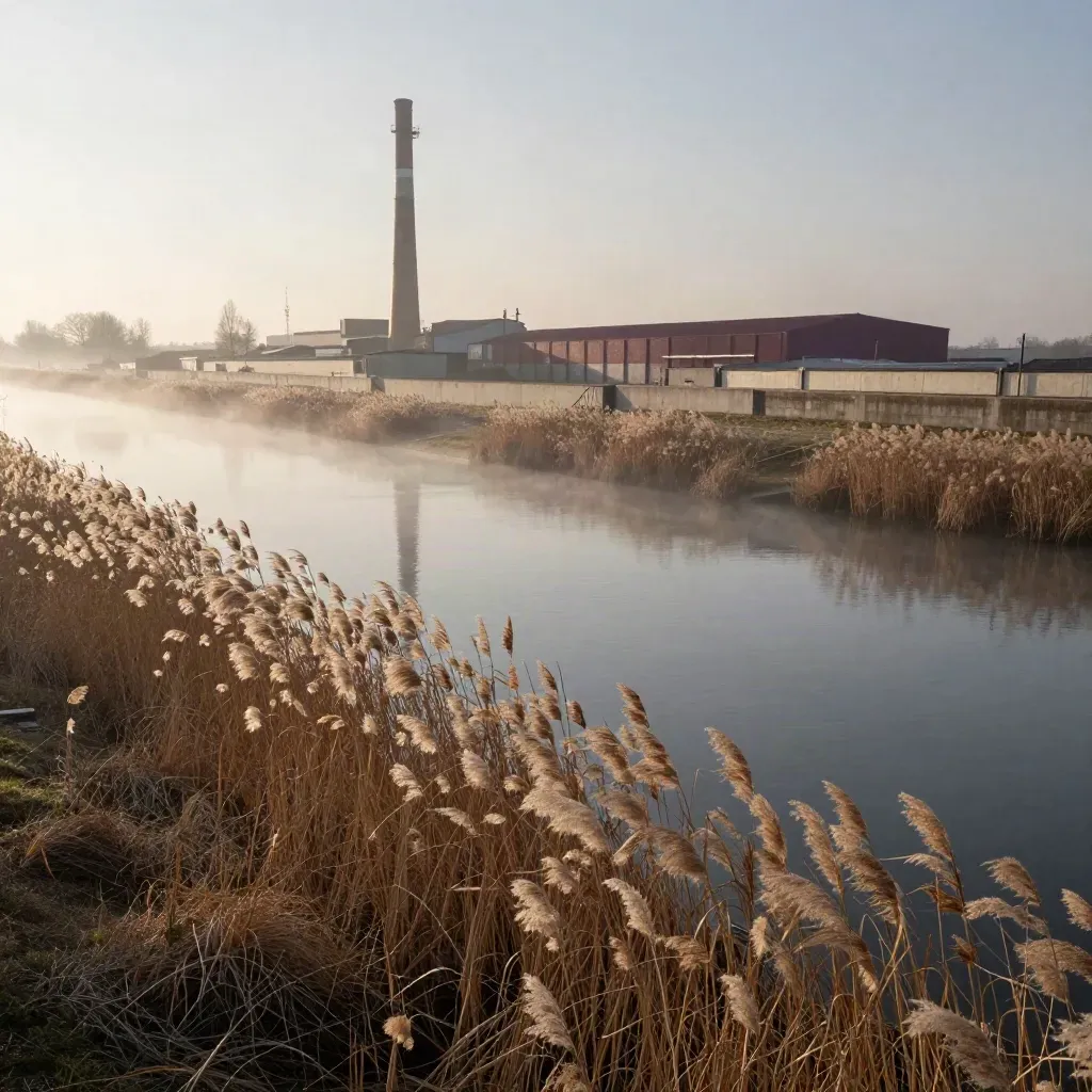 Gasometer im Morgennebel über Wasserwiesen und Kanal bei Sonnenaufgang