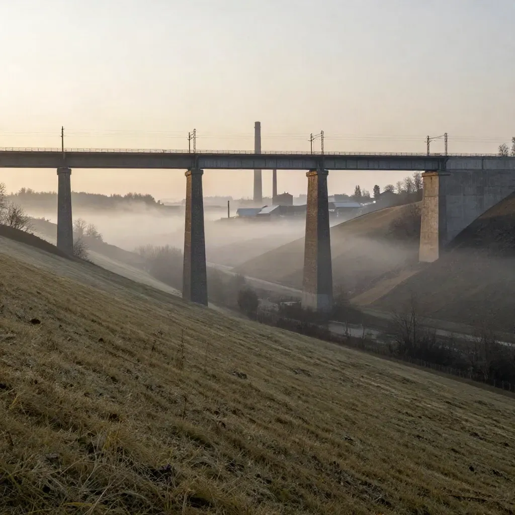 Nebliger Morgenblick auf ein Bahnviadukt im Ruhrgebiet mit Schornsteinen im Tal.