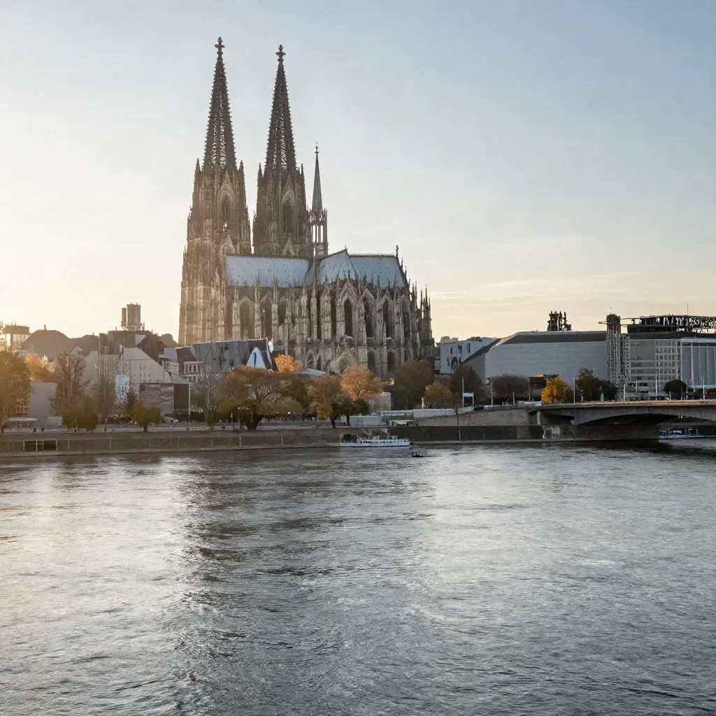 Kölner Dom über dem Rhein im warmen Abendlicht und goldener Dunst