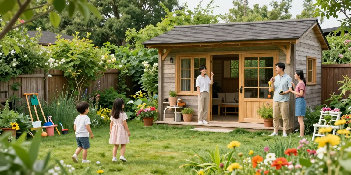 Gartenhaus kaufen in idyllischer Gartenlandschaft mit Familie und bunten Blumen.