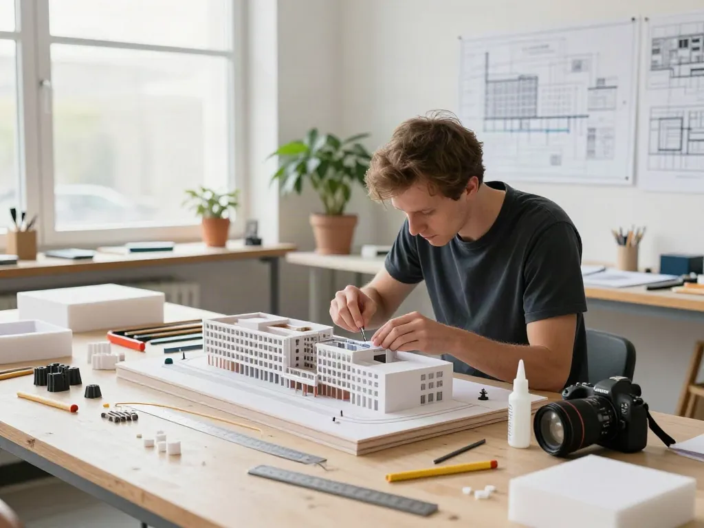 Gestaltungsmodell Architektur 1:200 in einem hellen Workshop mit einem Modellbauer, der sorgfältig an einem detaillierten Modell arbeitet.