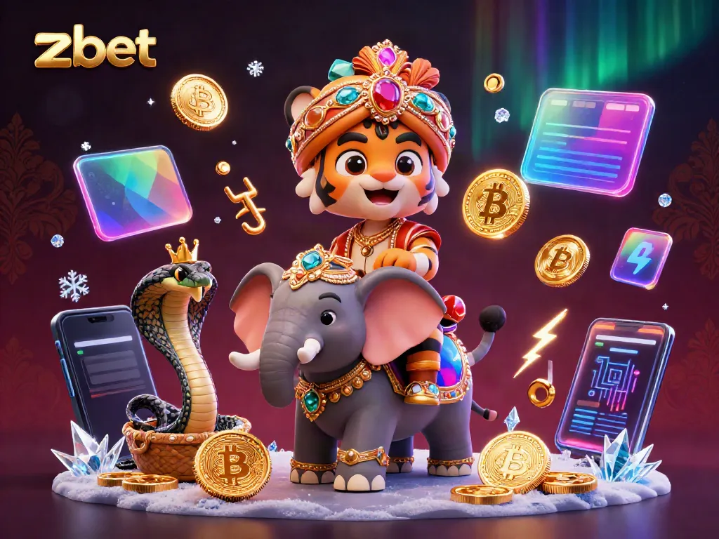 Engage with zbet through a vibrant 3D illustration featuring a maharaja tiger and elements of cryptocurrency and gaming.