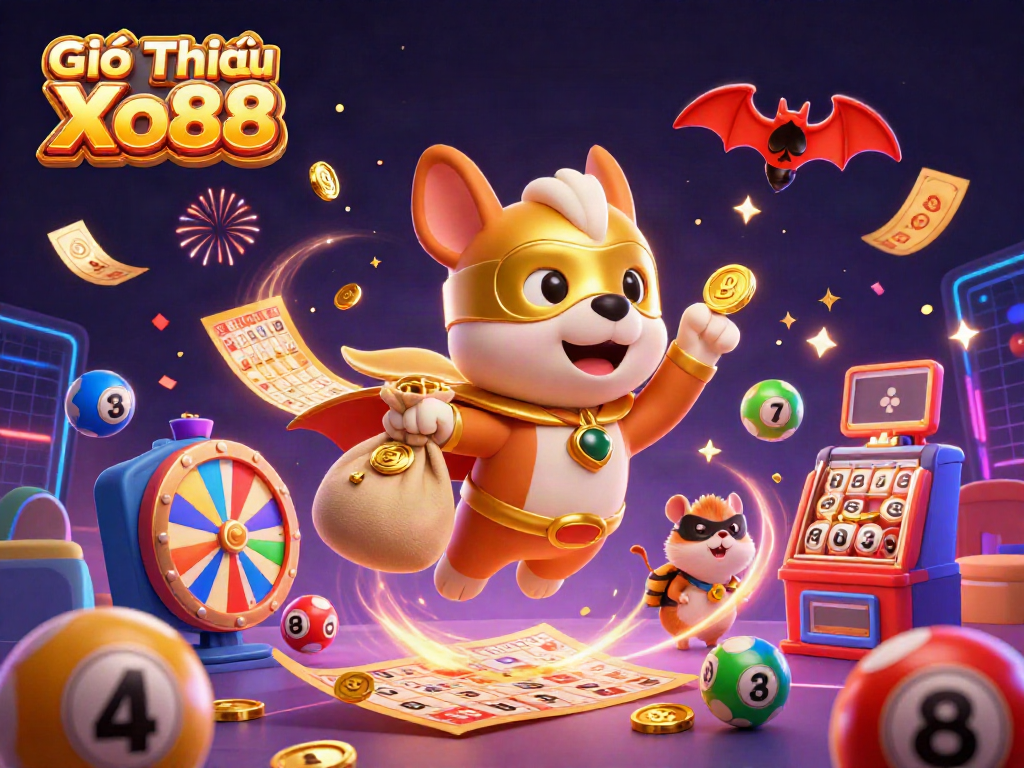 Join the excitement with Giới Thiệu Xo88 via the superhero dog and hamster soaring amidst gambling elements.