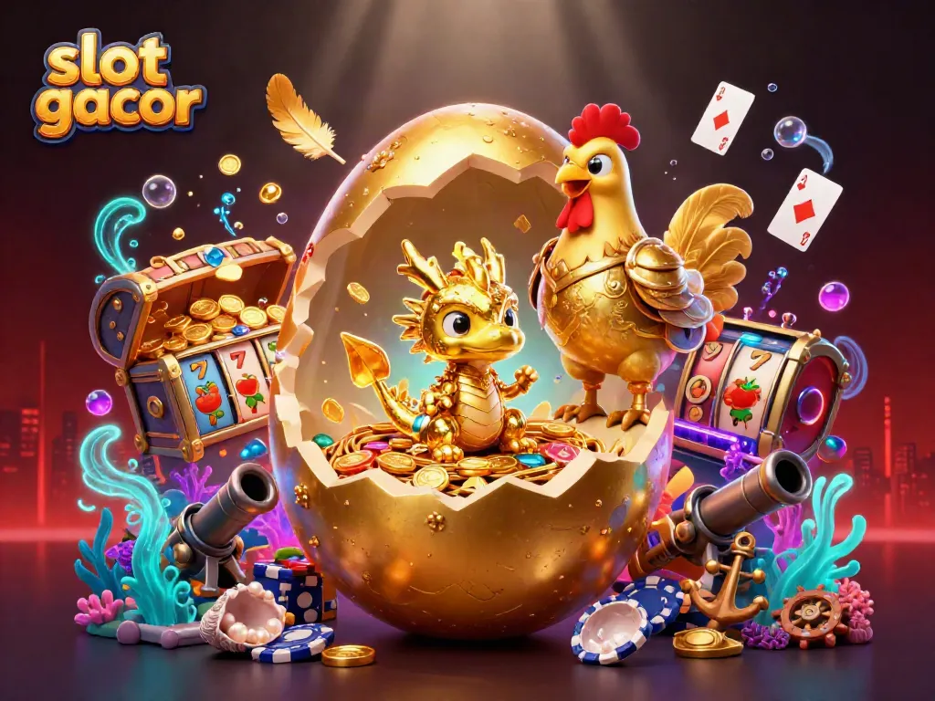 Engage with slot gacor excitement as a golden dragon guards poker chips, surrounded by vibrant casino elements.