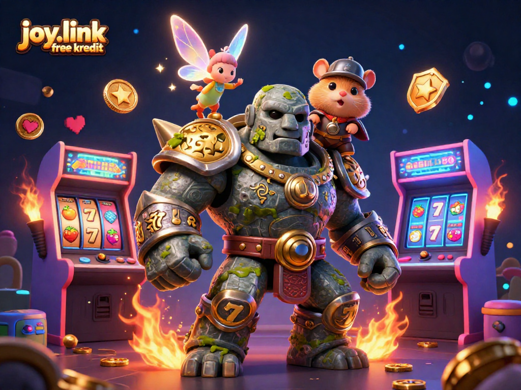 Engage with joy.link free kredit in this lively 3D casino scene showcasing characters and iconic gaming elements.