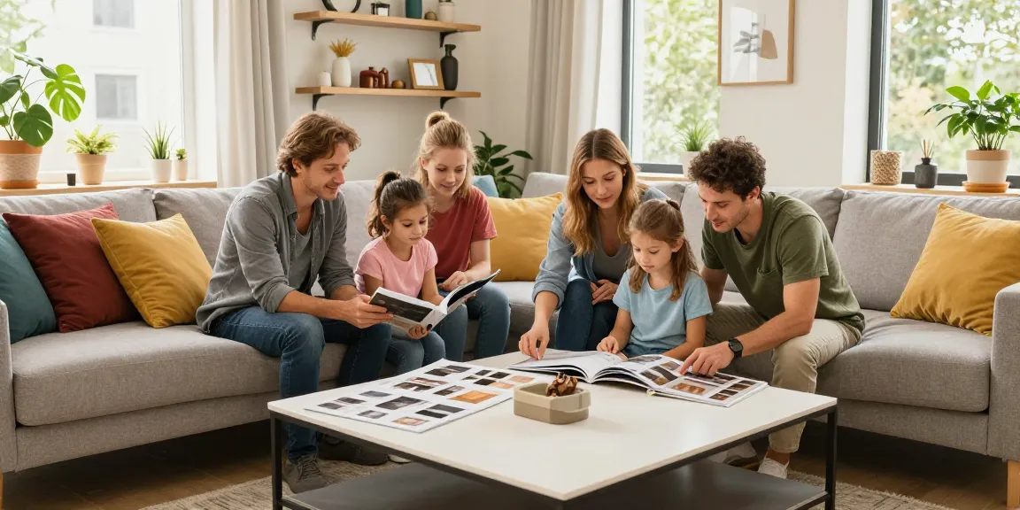 Die Familie um einen stilvollen Couchtisch versammeln, um günstige Möbel online in einem gemütlichen modernen Wohnzimmer zu erkunden.