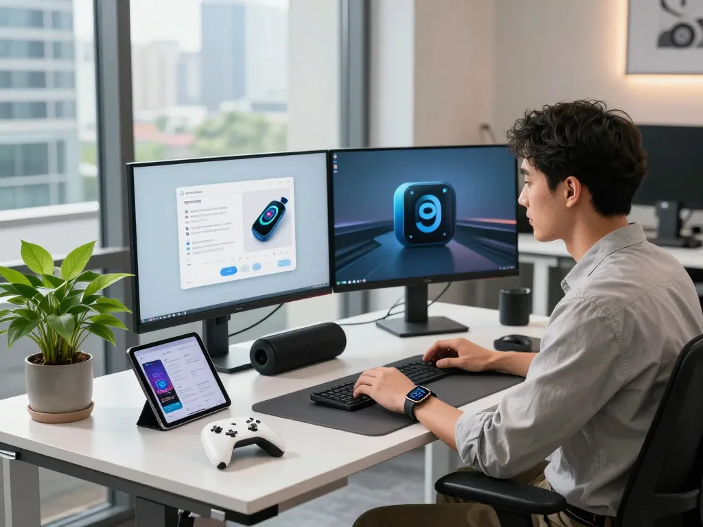 Exploring smart tech gadgets in a modern workspace with Bluetooth controllers and a smartwatch.