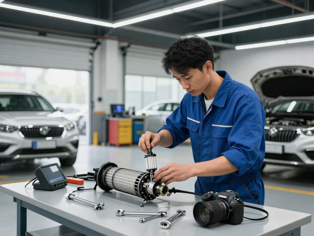 Mechaniker reinigt den DPF in einer modernen Werkstatt mit professionellen Werkzeugen.